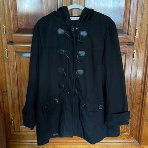 Black Hooded Coat with Button and Toggle Accents